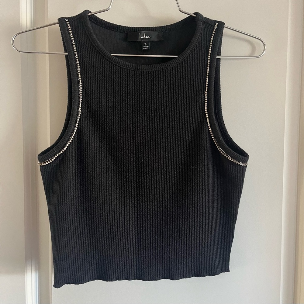 Lulu's Black Ribbed Tank Top with Silver Accents